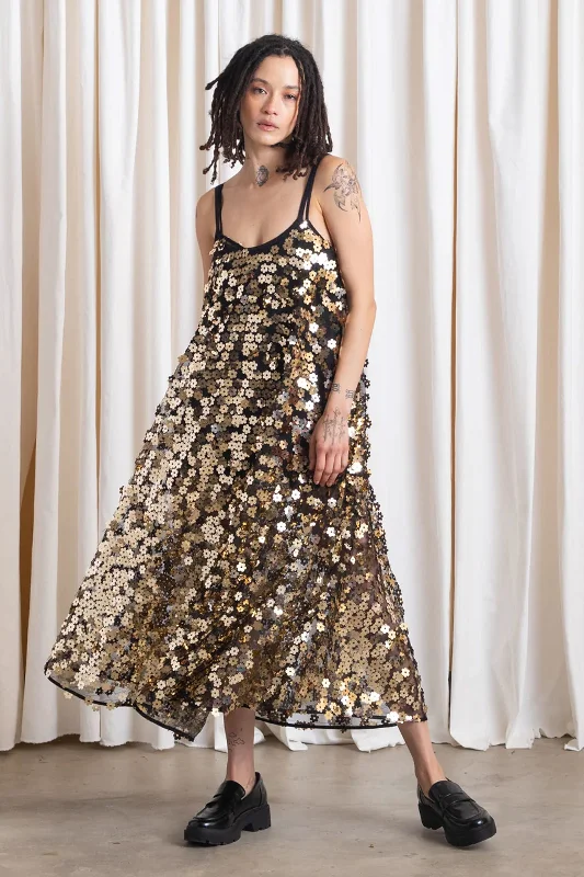 Ali Golden Full Hem Sequins Dress in Gold Flowers