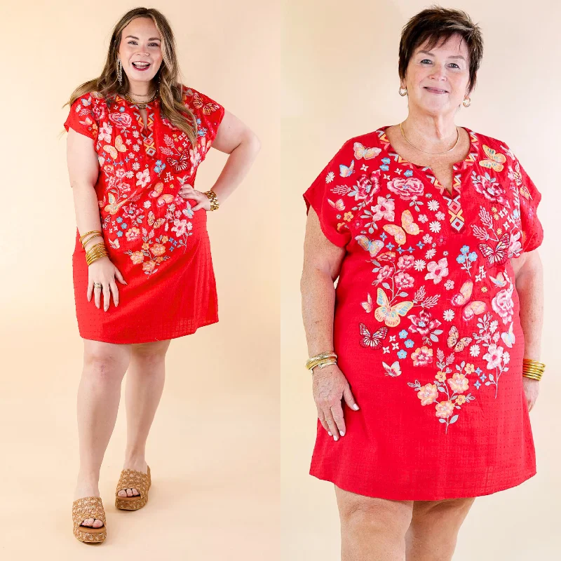 Lovely Feeling Floral Embroidered Dress with a Notched Neckline in Red