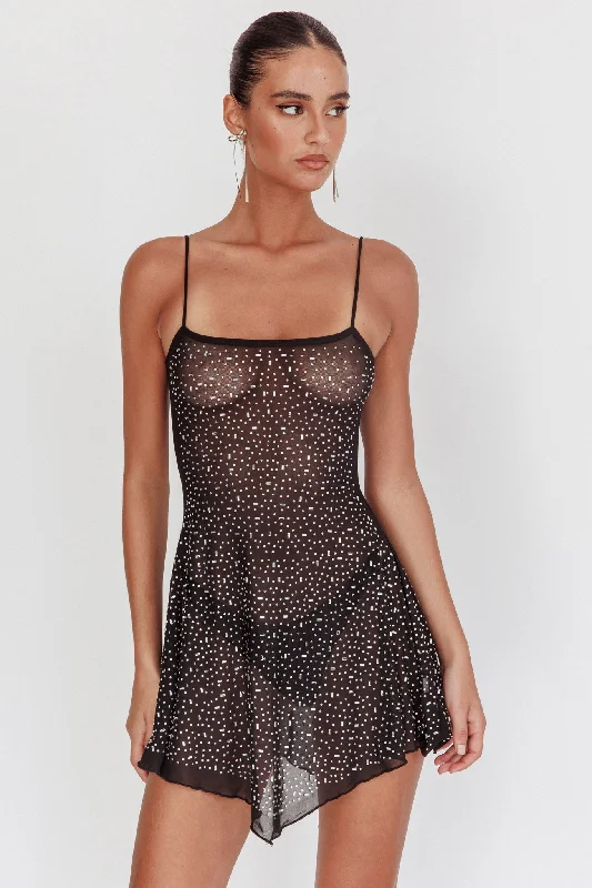 Moon Walker Sheer Rhinestone Mini Dress Black