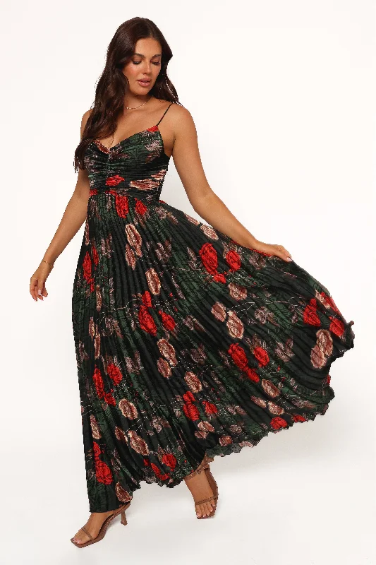 Naira Pleated Maxi Dress - Green Floral