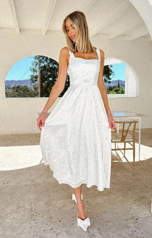 Nina Midi Dress ~ White Rose Satin