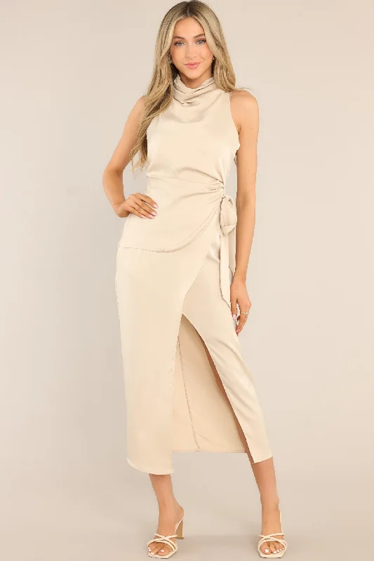 The Way Out Beige Cowl Neck Midi Dress