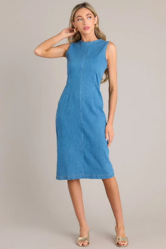 Unfolding Chapter Medium Wash Chambray Midi Dress