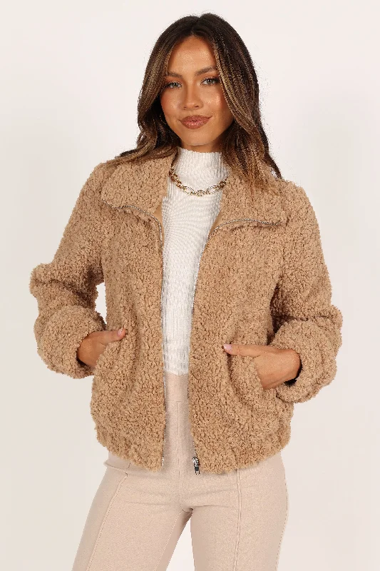 Lucia Zip Front Teddy Jacket - Camel