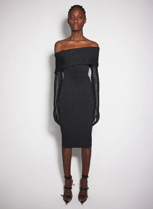 black off-shoulder sculpting knit dress