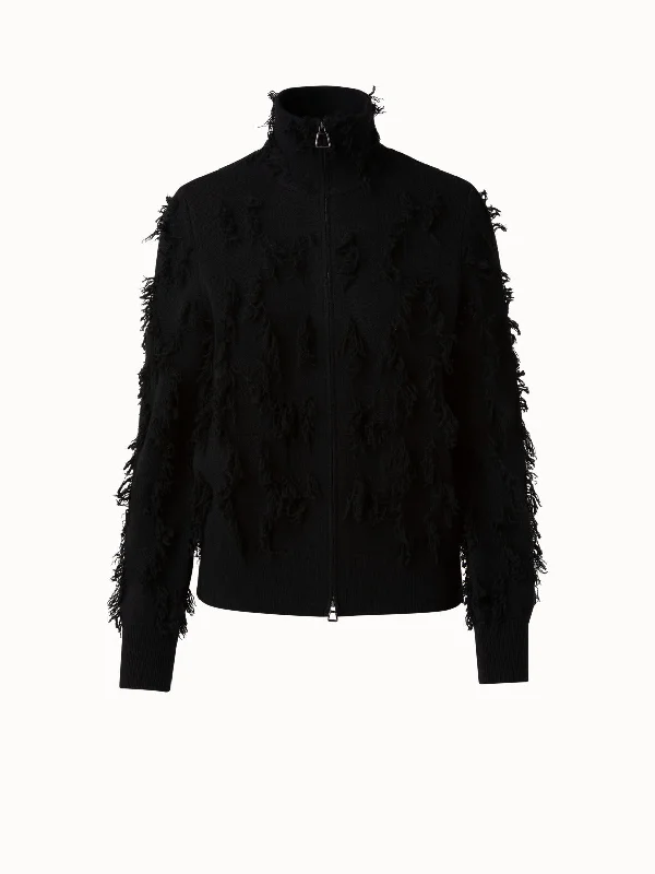 Cashmere Fringe Square Jacquard Knit Blouson