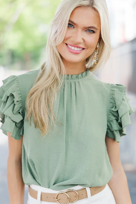 See You Out Light Olive Green Ruffled Blouse