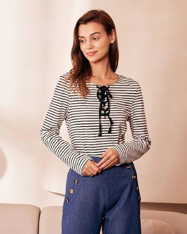 The White Tie Neck Striped Long Sleeve Tee