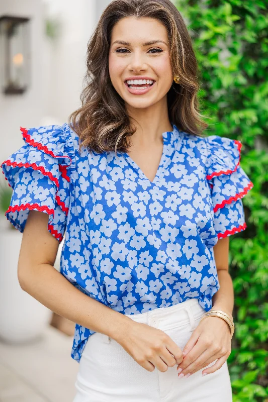 Waiting For You Blue Floral Rickrack Blouse