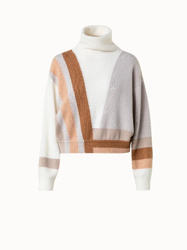 Zig Zag Trapezoid Intarsia Cashmere Silk Bouclé Short Pullover