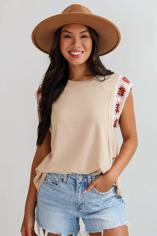 FINAL SALE - Adored Cutie Mocha Crochet Sleeve Top - DU DEAL