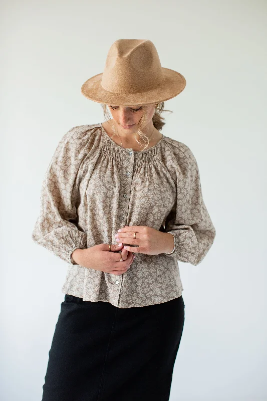 'Alcott' Cotton Floral Button Down Top in Light Mocha FINAL SALE