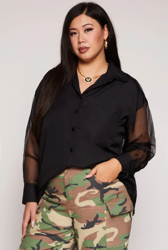 Plus Size Sheer Poplin Button Front Shirt