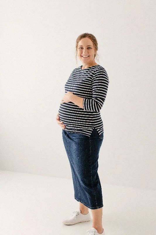 'Denise' Hidden Zipper Stripe Nursing Top in Navy FINAL SALE