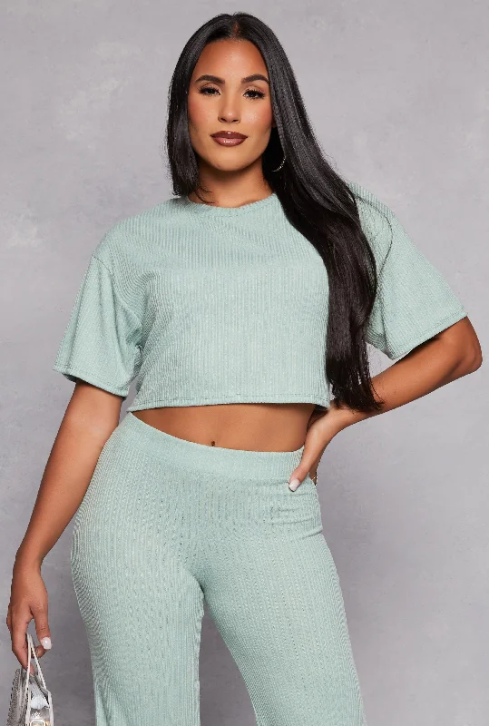 Ribbed Knit Crew Neck Cropped Tee