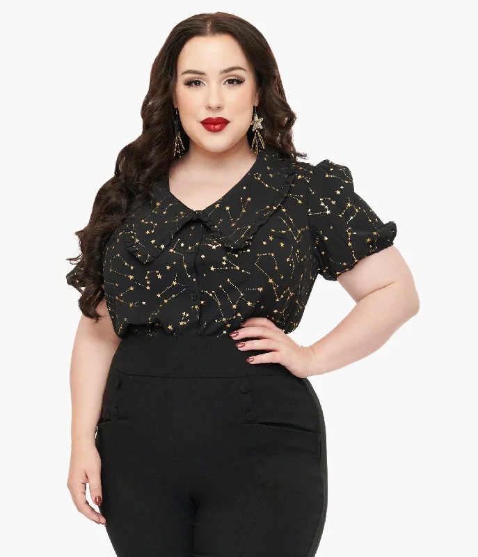 Unique Vintage Plus Size 1930s Black & Gold Stars Oversized Collar Blouse