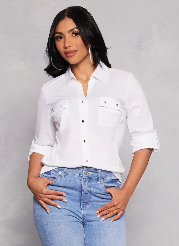 Poplin Tabbed Sleeve Button Front Shirt