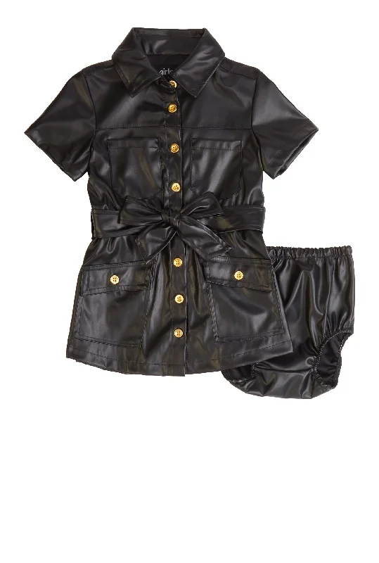 Baby Girls 12-24M Faux Leather Tie Waist Belt Shirt Dress