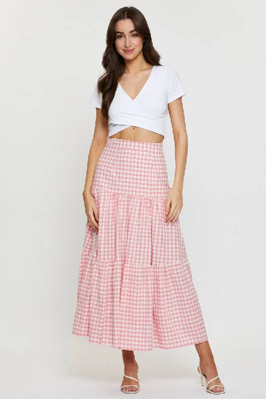 Check Elastic Waist Maxi Skirt