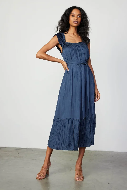 Crinkled Ruffled Shoulder Midi Dress