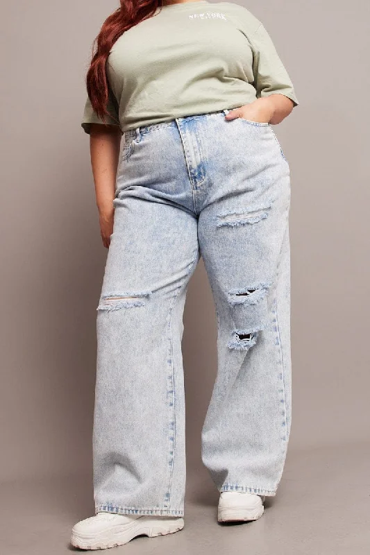 Denim Baggy Jeans High Rise Knee Distress