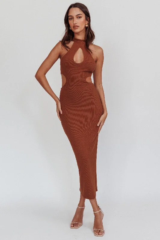 Estella Keyhole Ribbed Midi Dress Brown