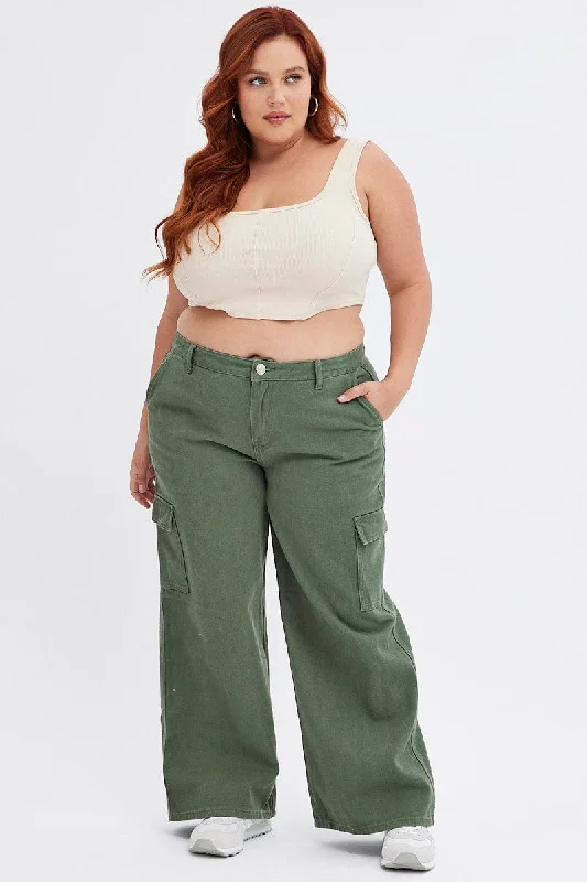 Green Cargo Denim Jeans Mid Rise