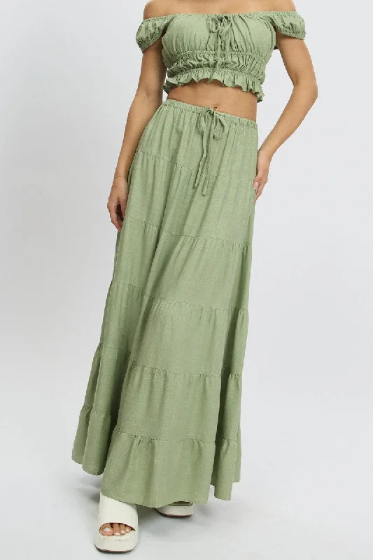 Green Maxi Skirt Tiered High Rise