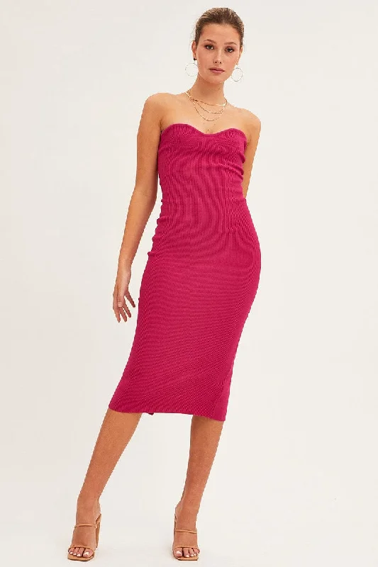 Magenta Sweetheart Neckline Bandeau Knit Bodycon Dress