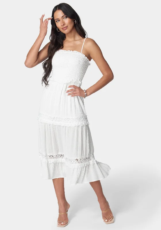 Lace Inset Smocked Midi Dress