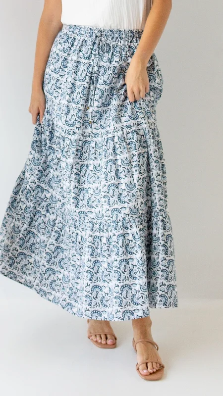 'Martha' Blue Gardenia Cotton Maxi Skirt in Ivory FINAL SALE