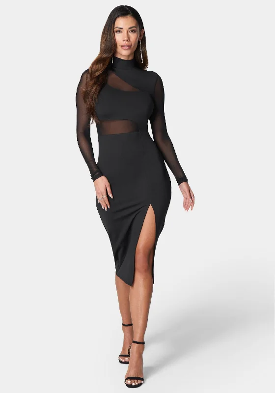 Mesh Inset Long Sleeve Midi Dress