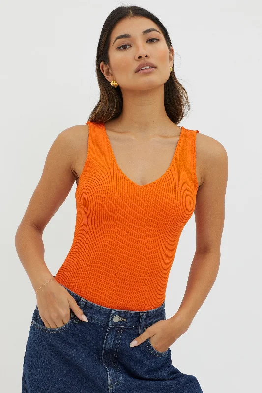 Off-Duty V-Neck Ribbed Knit Top Orange