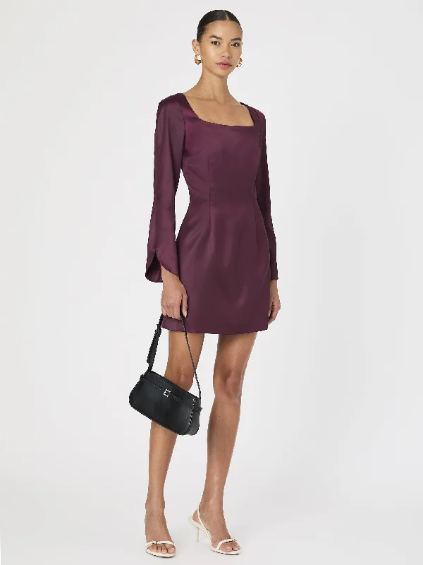 Structured Satin Long Sleeve Scoop Neck Mini Dress