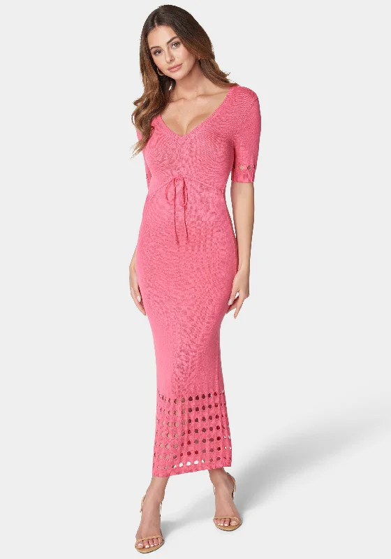 Tie Front Cutout Crochet Midi Dress