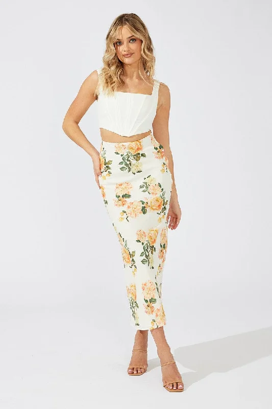 Yellow Floral Maxi Skirt Slim Fit High Rise