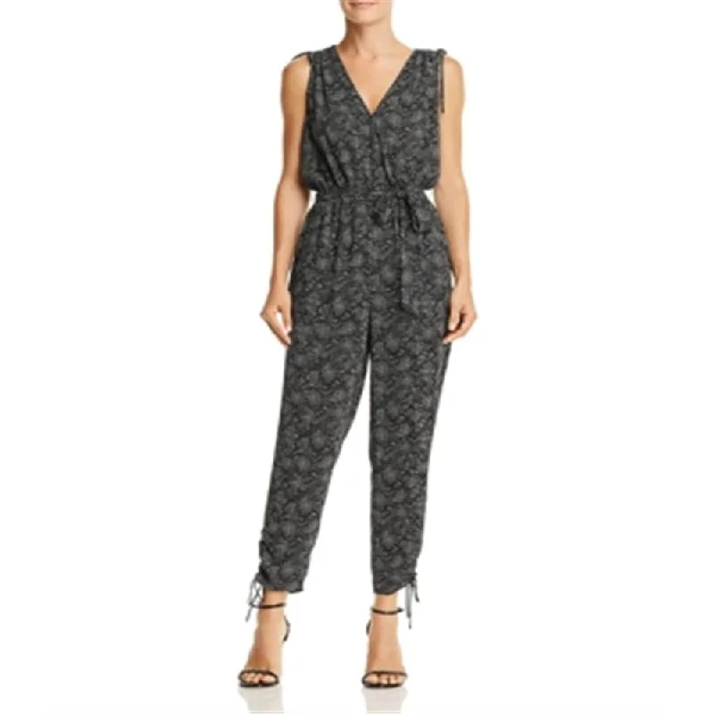 Aqua Women's Ruched Drawstring Dot Print Jumpsuit Black Size Medium