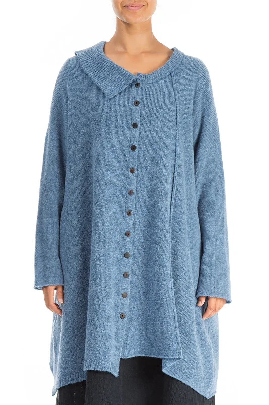 Asymmetrical Petrol Blue Wool Cardigan