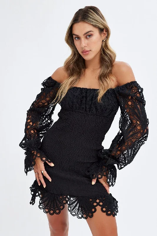 Black Embroidered Sleeves Shirred Bodycon Dress