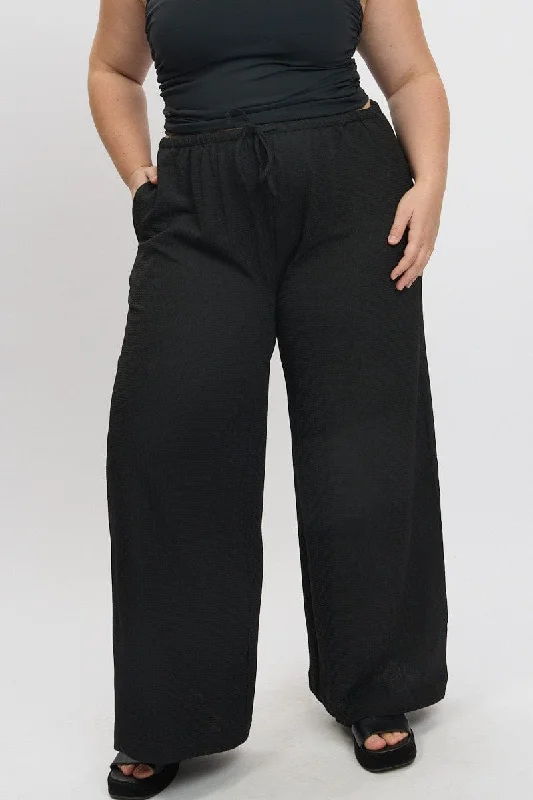 Black Textured Wide Leg Pants Drawstring Elastic Waist