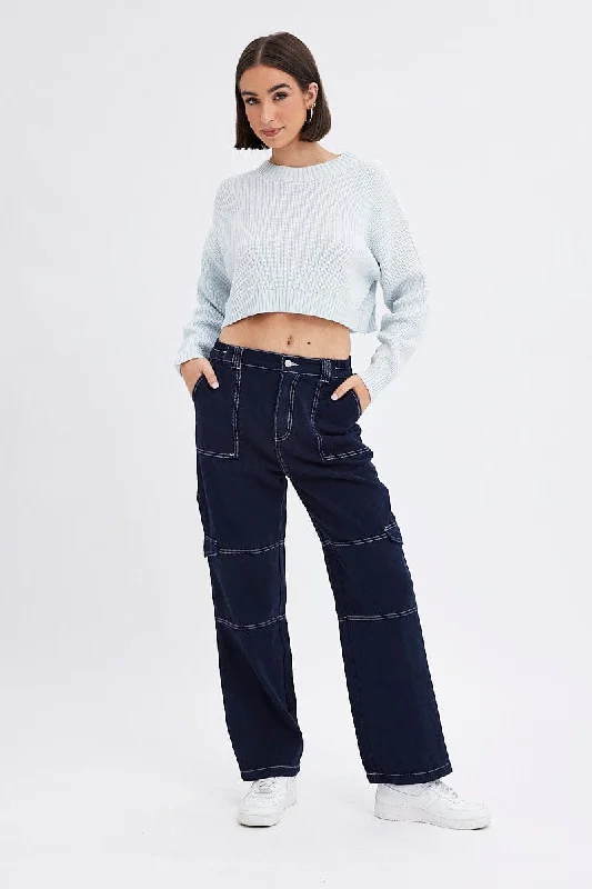 Blue Cargo Jeans Straight Back Elastic Waist