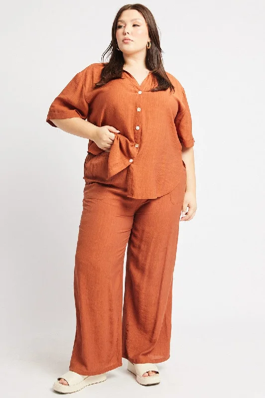 Brown Drawstring Waist Wide Leg Textured Pants