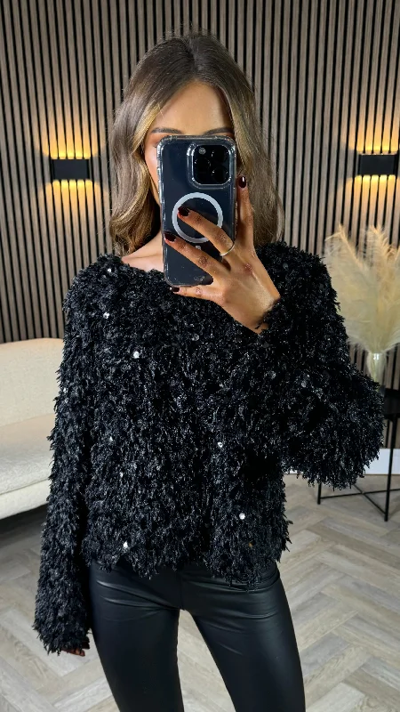 Erris Black Sequin Detail Chenille Finish Jumper