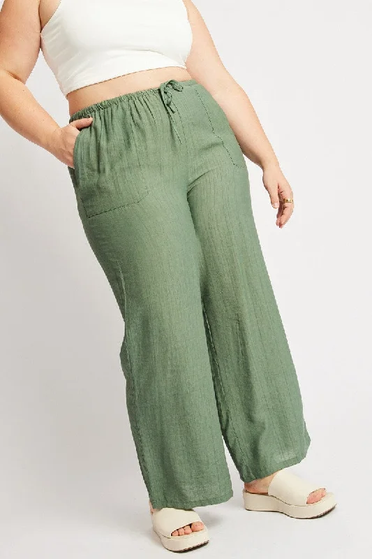 Green Drawstring Waist Wide Leg Textured Pants