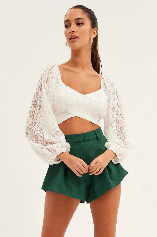 Green High Rise Shorts Pleated