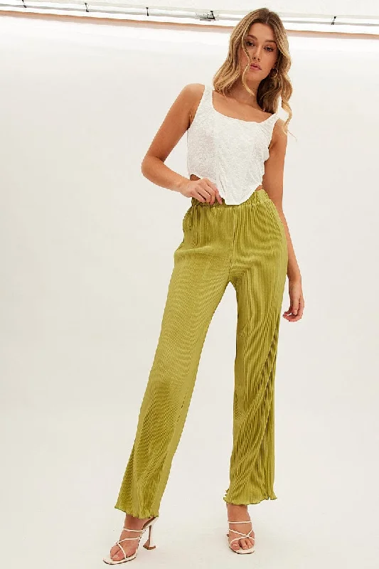 Green Plisse Pant Wide Leg Elastic Waist Lettuce Edge