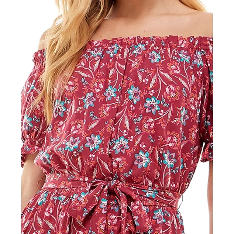 Kingston Grey Junior's Floral Print Off The Shoulder Jumpsuit Red Size Small