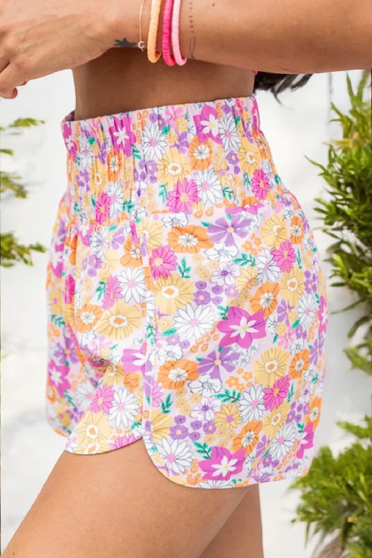 Pink Boho Floral Shirred High Waist Casual Shorts