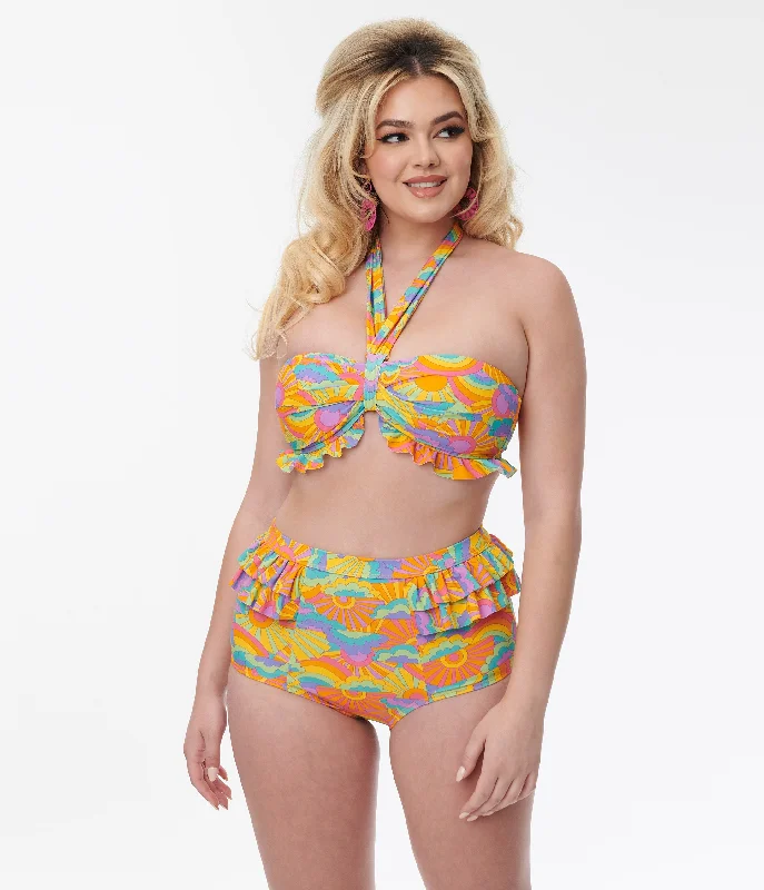 Unique Vintage Happy Groovy Rainbow Ruffle Swim Bottom