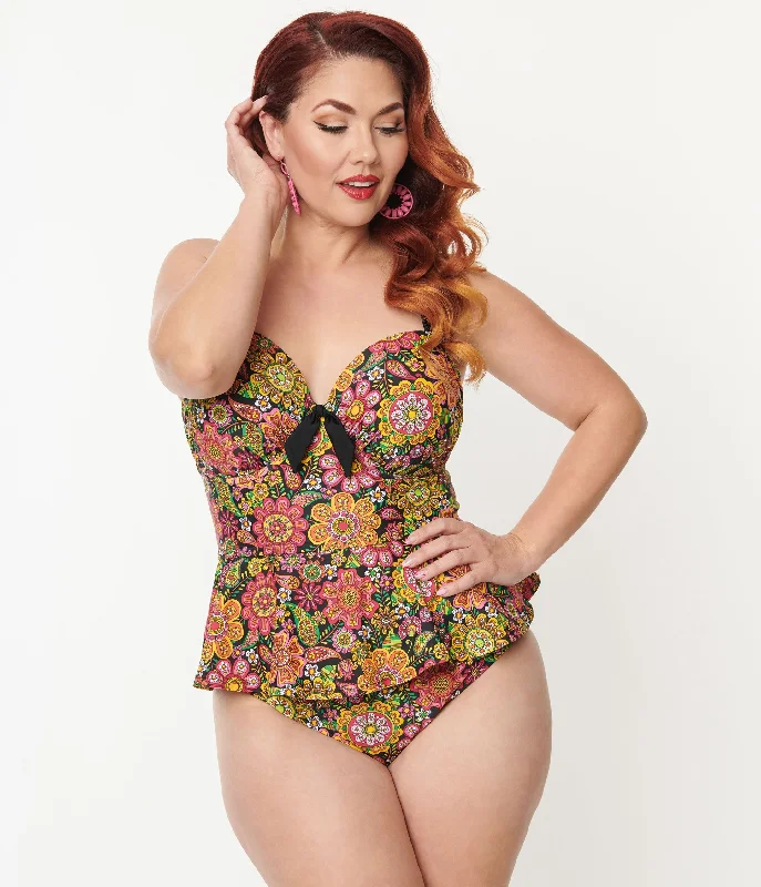 Unique Vintage Plus Size Kaleidoscope Floral Daphne Swim Bottoms